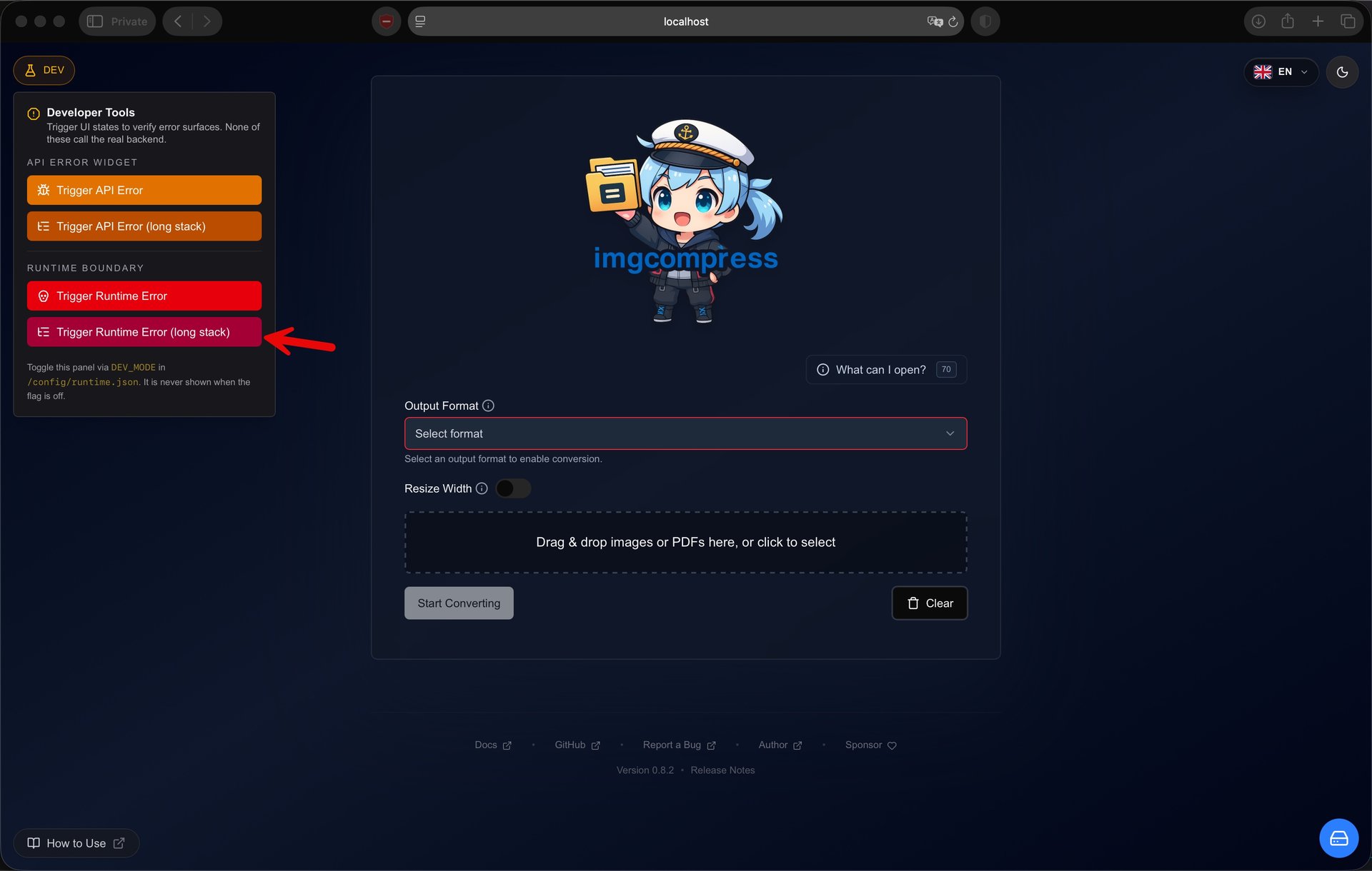 Developer Tools panel with synthetic error triggers, shown when DEV_MODE is on