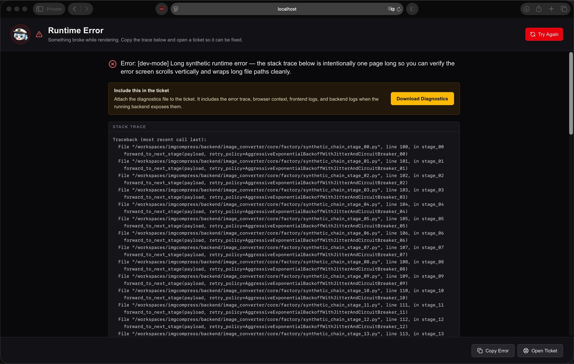 Runtime Error boundary screen with a one-page synthetic stack trace