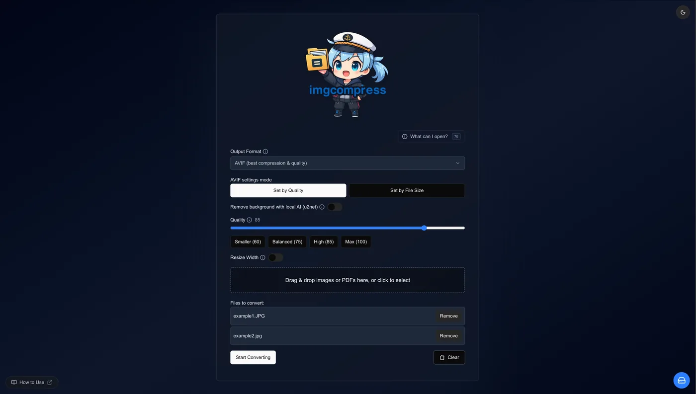 ImgCompress web UI — drag-and-drop interface for converting, compressing and removing backgrounds from images